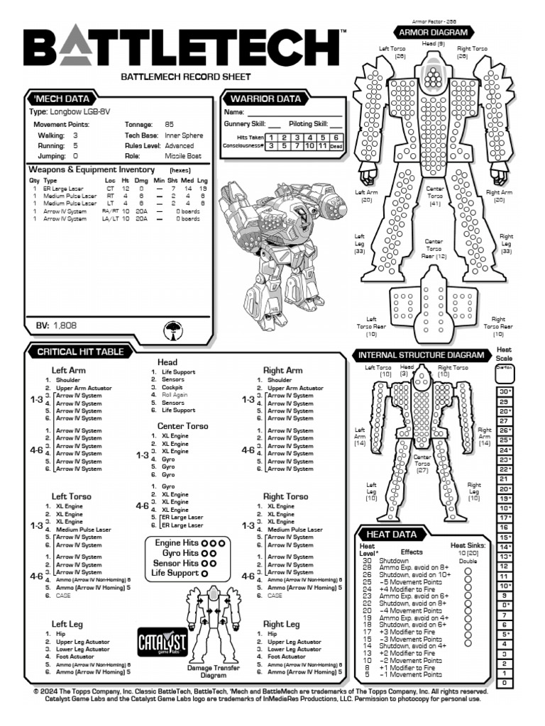 Longbow LGB-8V BattleMech Record Sheet | PDF | Battle Tech