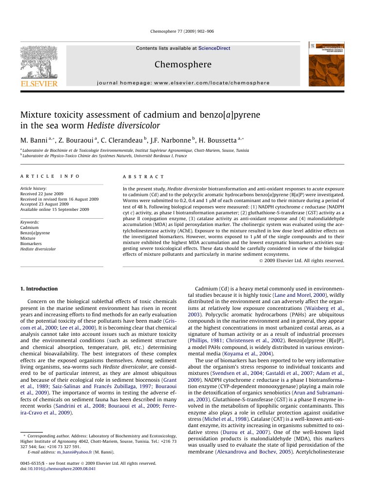 Mixture Toxicity of Cadmium and B[a]P in Sea Worms | PDF | Cadmium ...