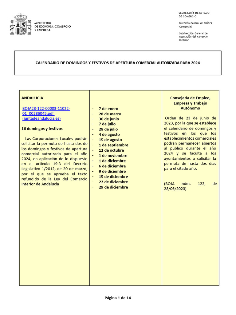 Festivos de Apertura Comercial 2024 | PDF | Islas Canarias | Calendario
