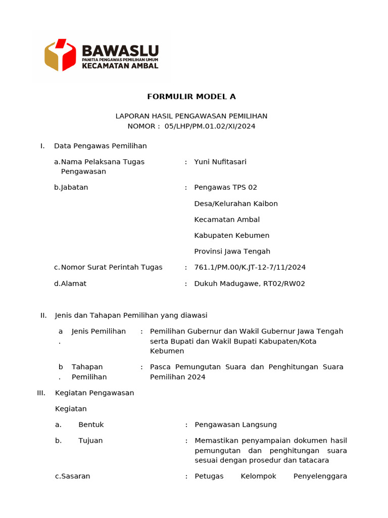 Form A Pengawasan Pilkada 2024 - (Pasca Pemungutan Dan Penghitungan ...