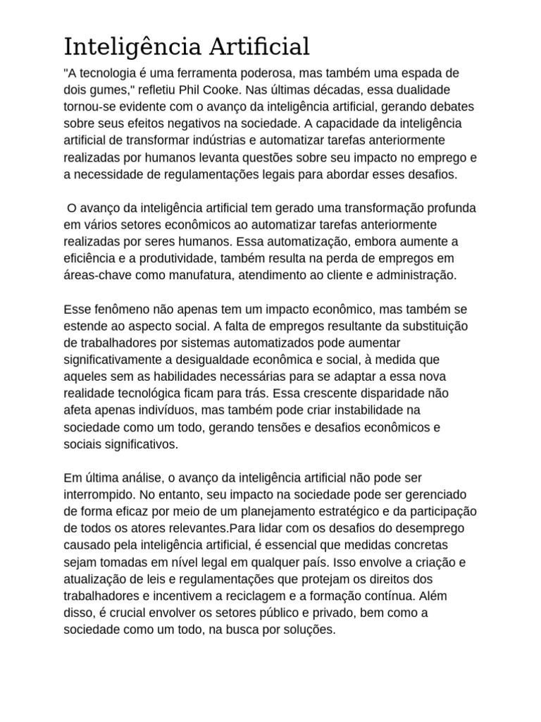Impactos da Inteligência Artificial no Emprego | PDF