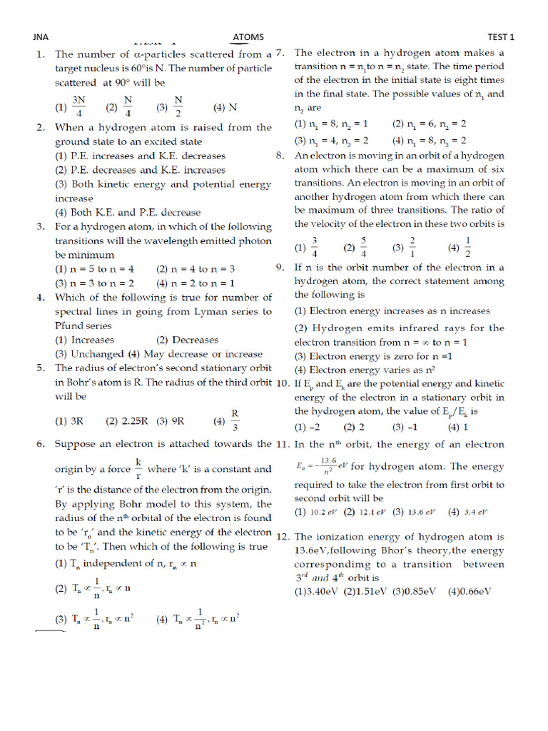 Atoms Test 1 Q and Solution | PDF