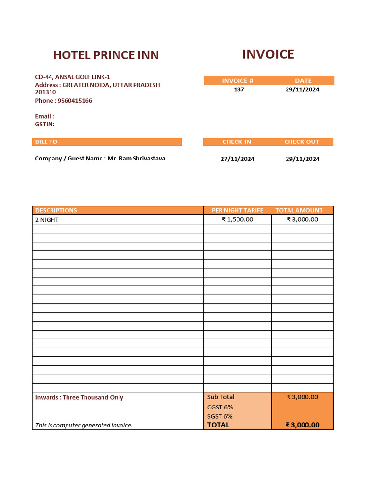 Hotel Prince Inn Invoice for Stay | PDF