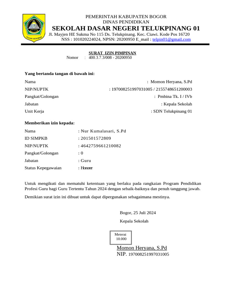 Surat Izin Program Pendidikan Guru 2024 | PDF