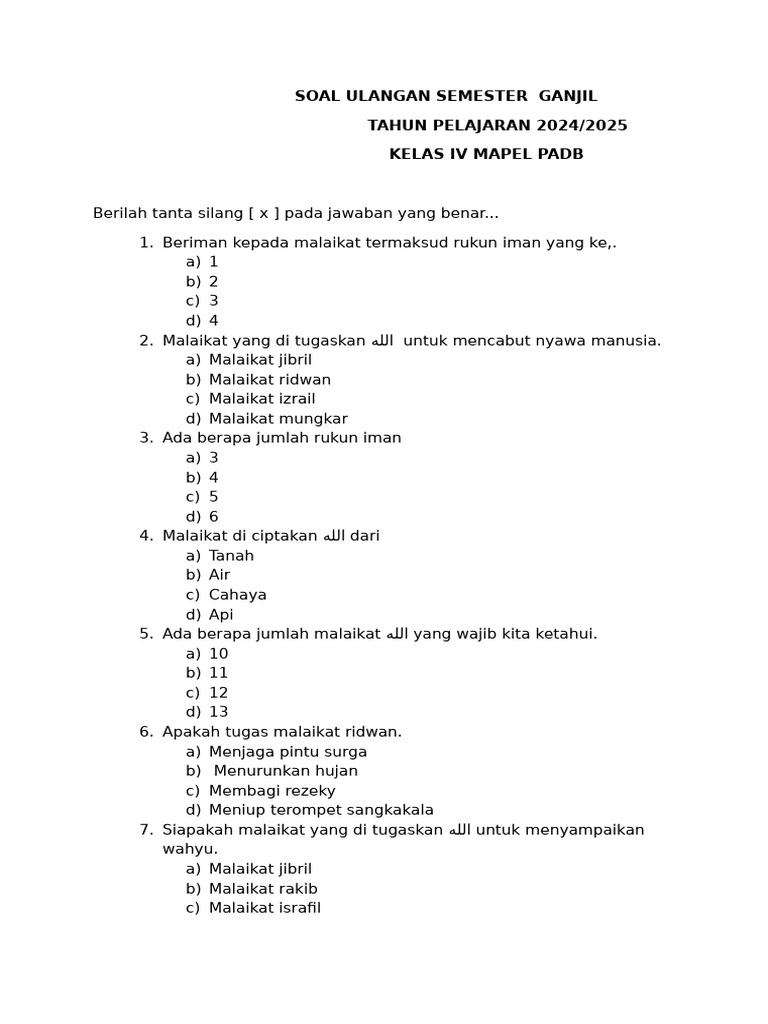 Soal Ulangan Semester Kelas IV PADB | PDF