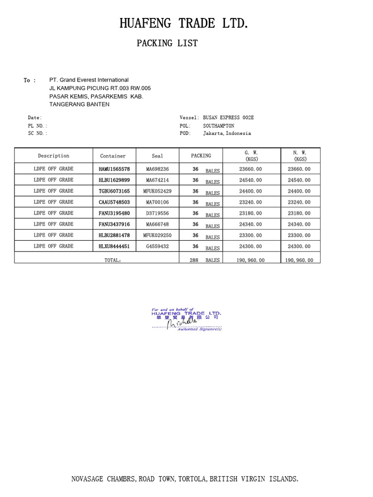 Huafeng trade ltd packing list pdf