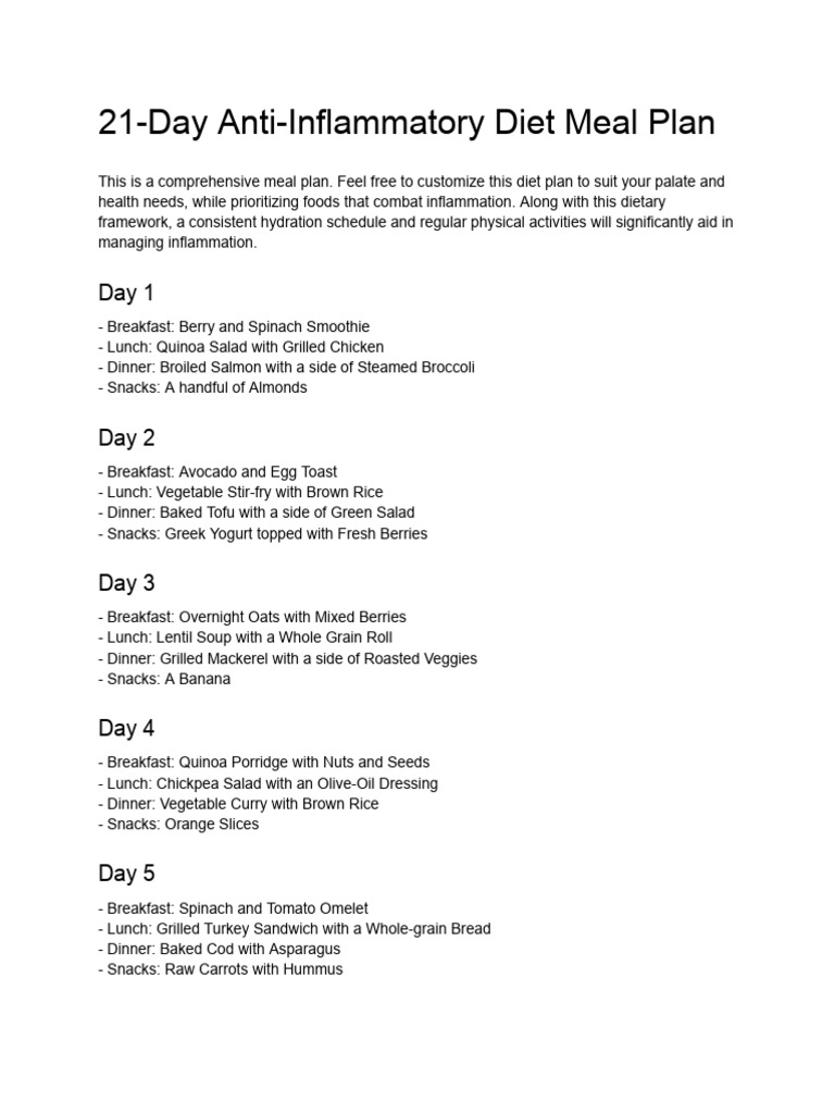 21-Day Anti-Inflammatory Diet Meal Plan PDF | PDF | Lunch | Salad for 21 Day Smoothie Diet Plan Free Printable