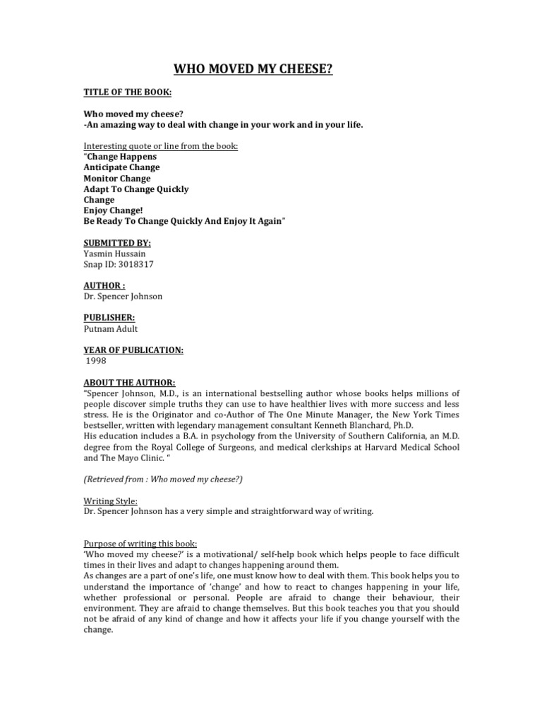 Who Moved My Cheese Book Review PDF