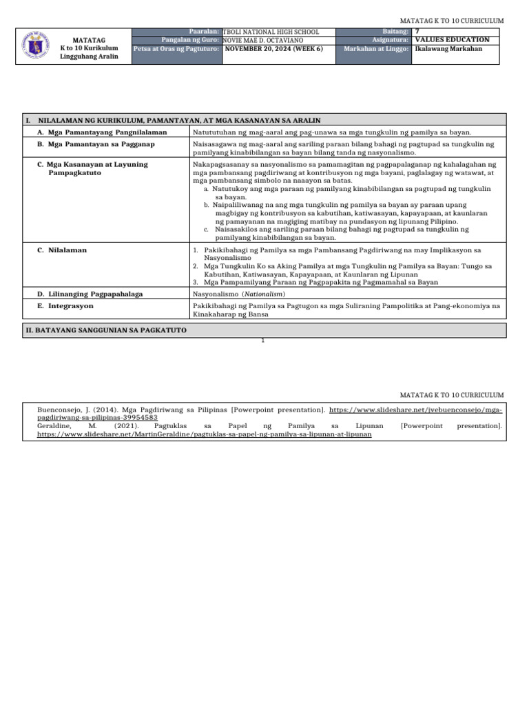 DLL Matatag - Values Education 7 Q2 W6 | PDF