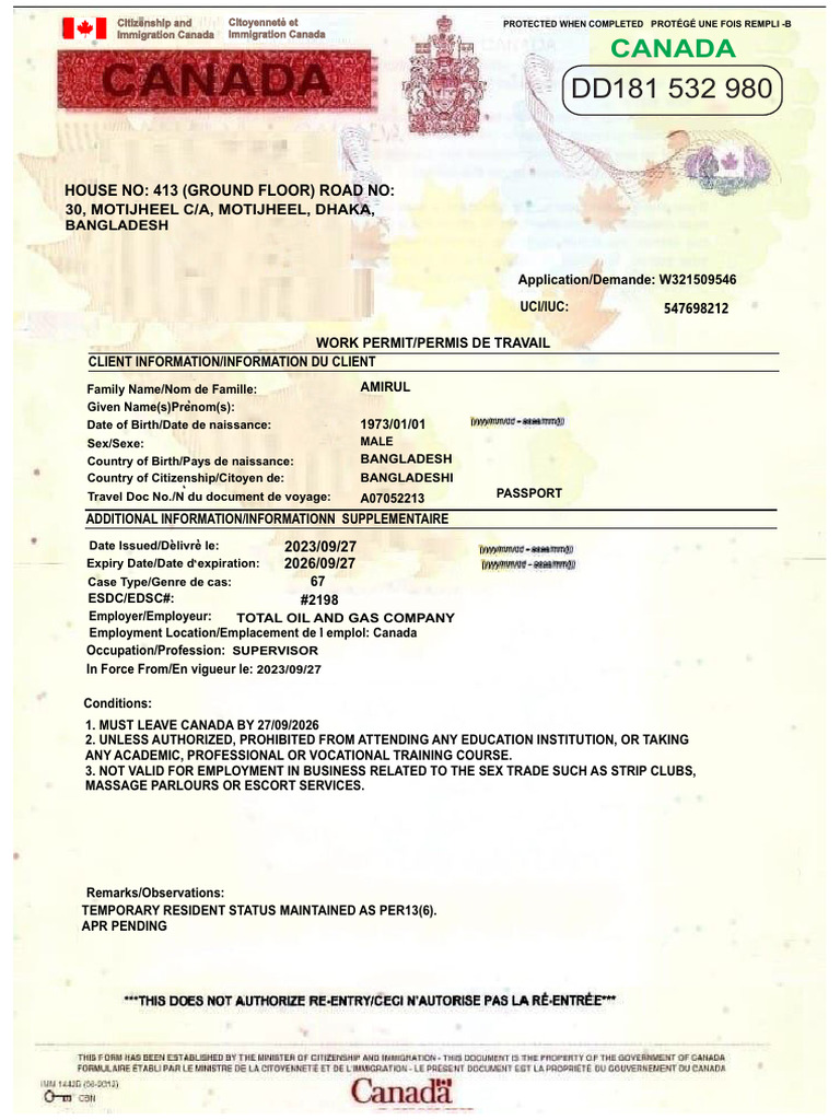 Canada Work Permit Application W321509546 | PDF