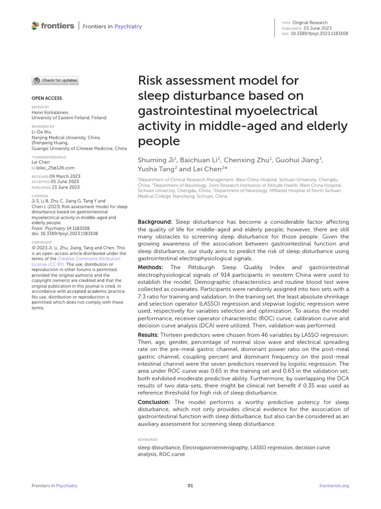 Risk Assessment Model For Sleep Disturbance Based On Gastrointestinal ...
