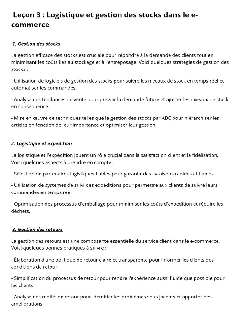 Leçon 3 Logistique Et Gestion Des Stocks Dans Le E-Commerce | PDF ...