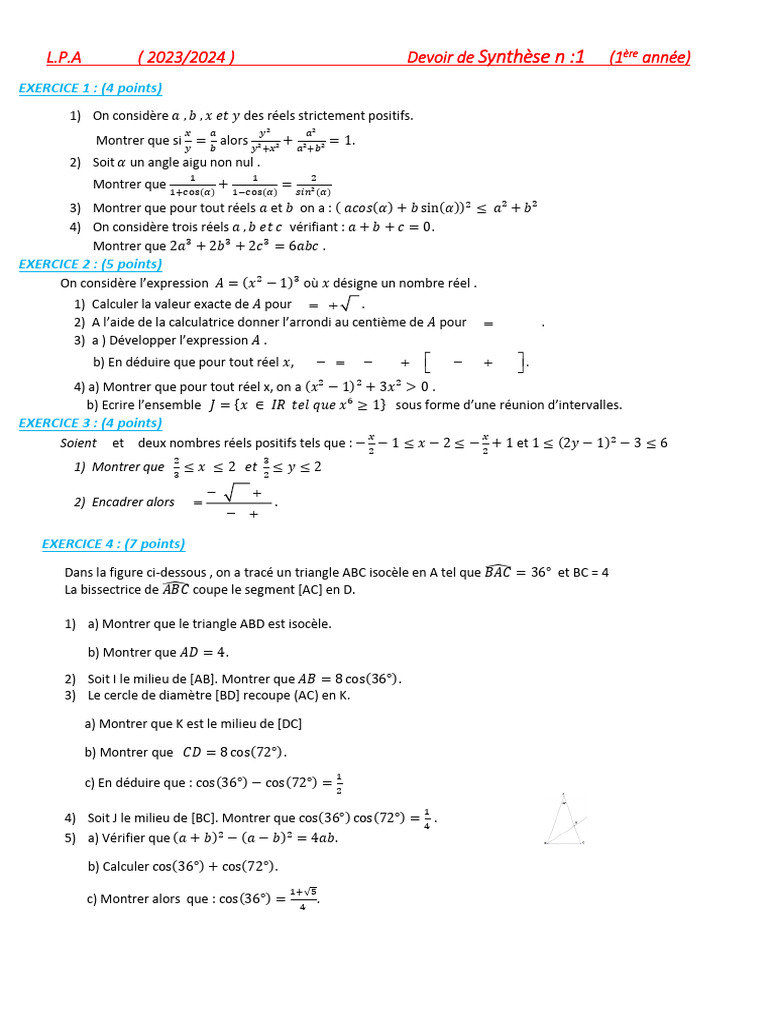 Devoir de mathématiques : exercices et démonstrations | PDF | Triangle ...
