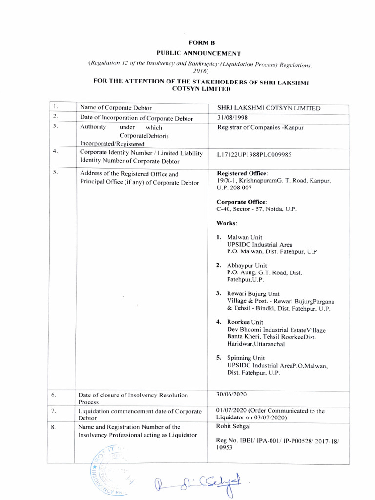 FORM B Shri Lakshmi Cotsyn Ltd. | PDF
