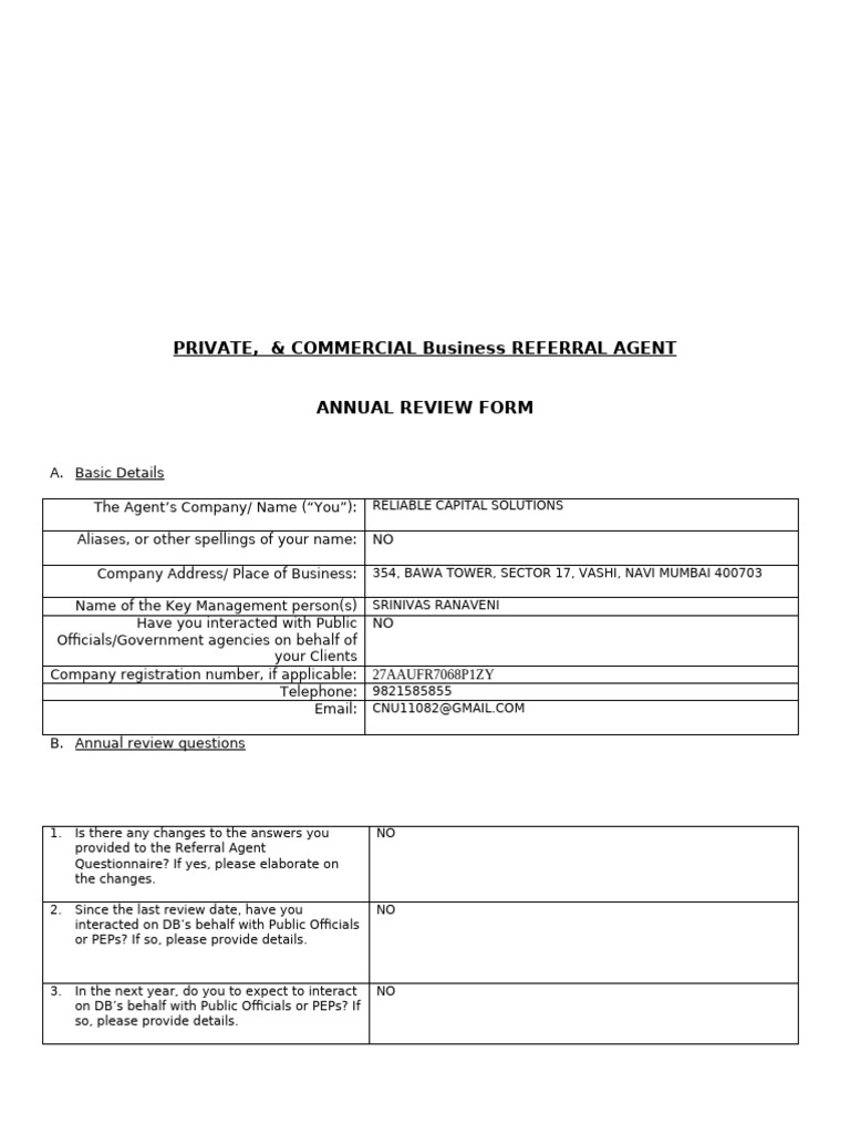 Annexure 5 - Annual Review Questionnaire To Be Filled by Ra Buisness ...