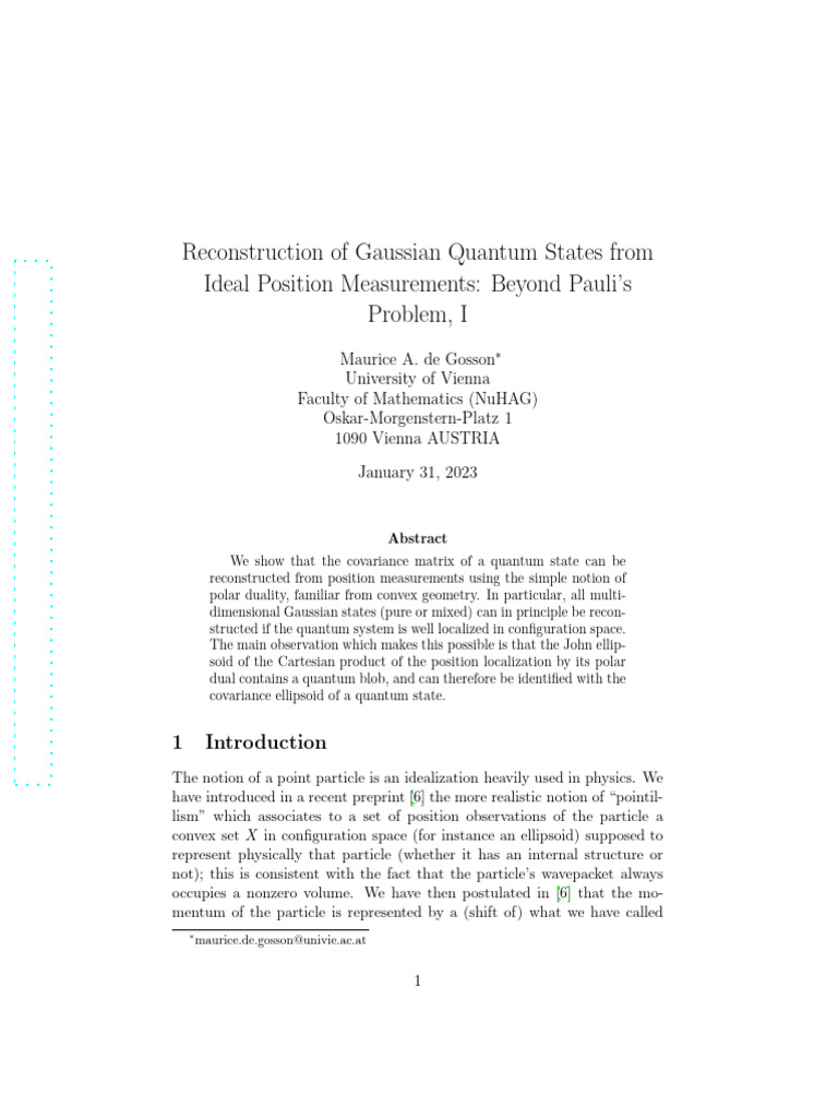 Reconstruction of Gaussian Quantum States From Ideal Position ...