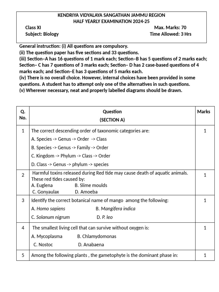 Class XI Biology Half-Yearly Exam 2024-25 | PDF | Meiosis | Mitosis