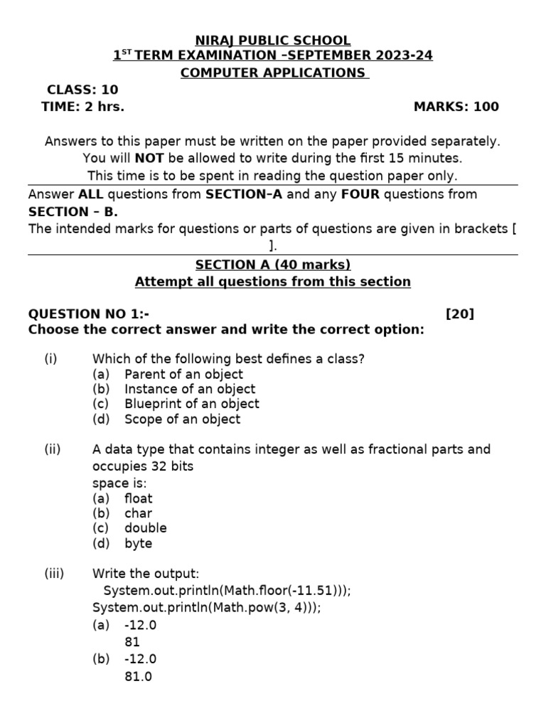 10th 1st Term Paper 2023-24 | PDF | Data Type | Computer Engineering