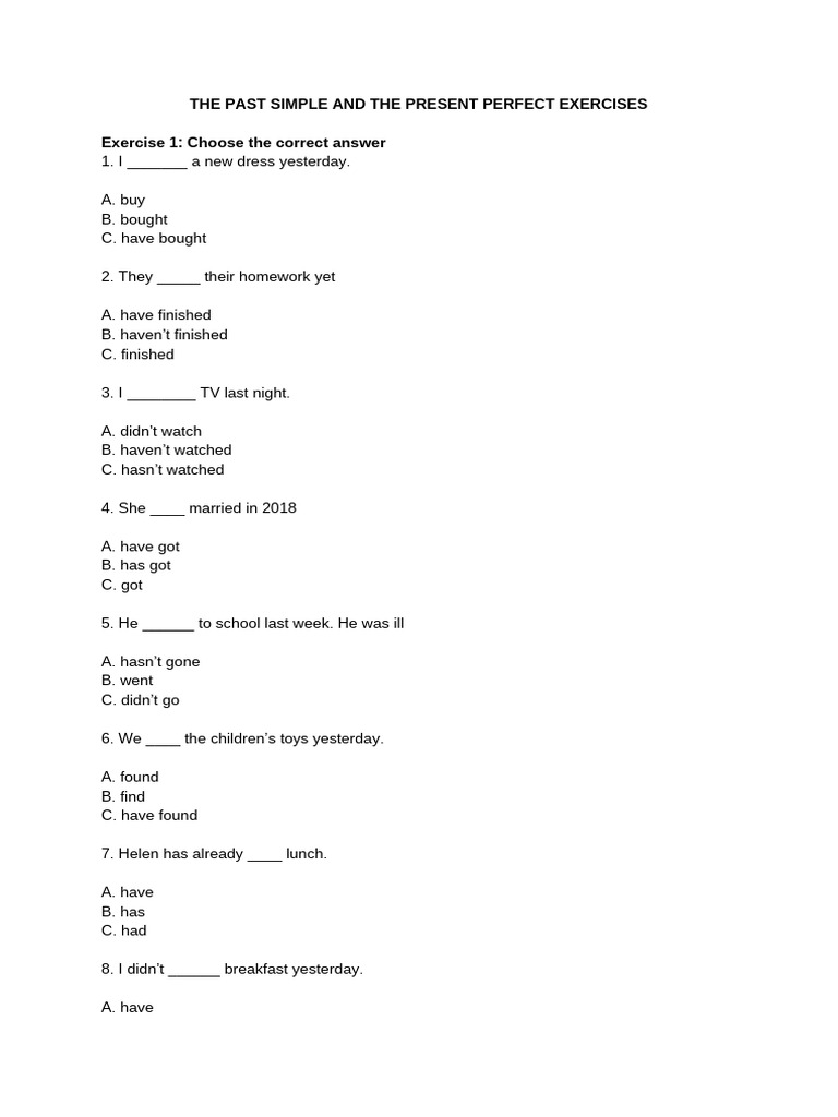 Past Simple vs Present Perfect Exercises | PDF