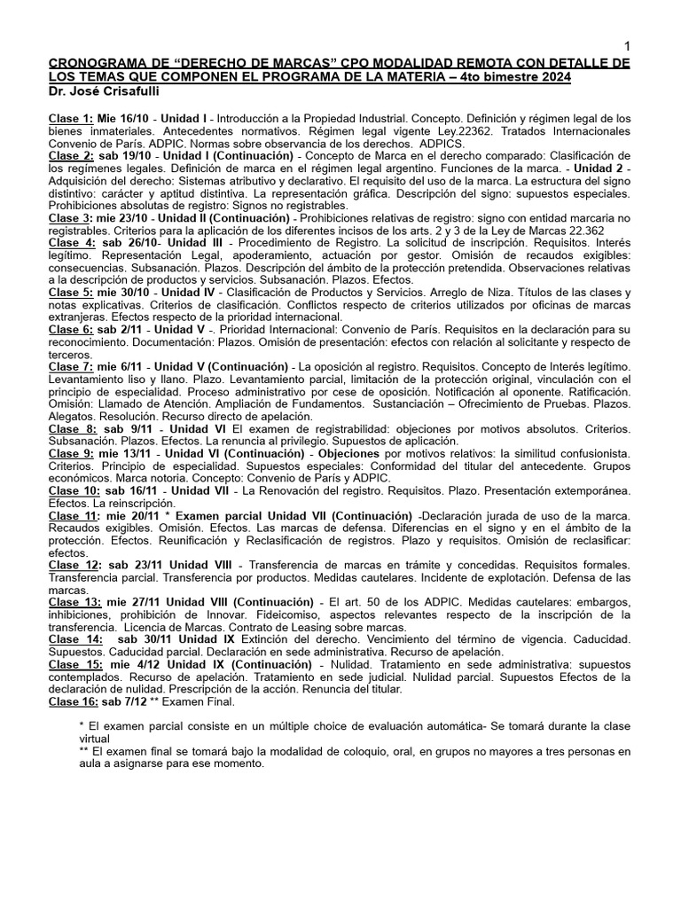 Cronograma Derecho de Marcas 2024 | PDF | Marca comercial | Patentar