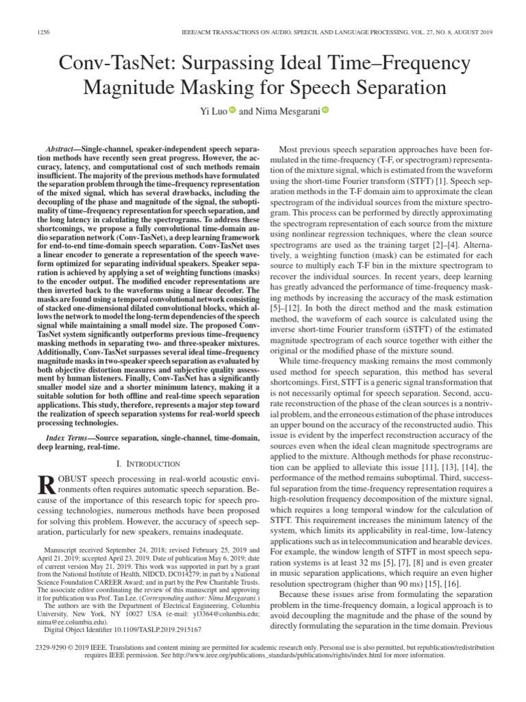 Conv-TasNet Surpassing Ideal TimeFrequency Magnitude Masking For Speech ...