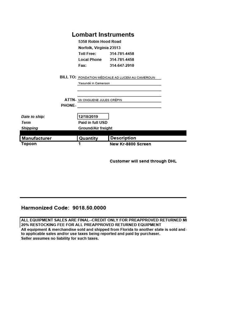 Lombart Instruments: Harmonized Code: 9018.50.0000 | PDF
