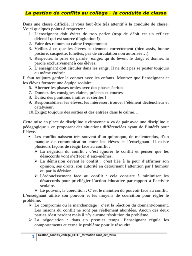 Gestion des conflits en classe au collège | PDF | Résolution de conflit ...
