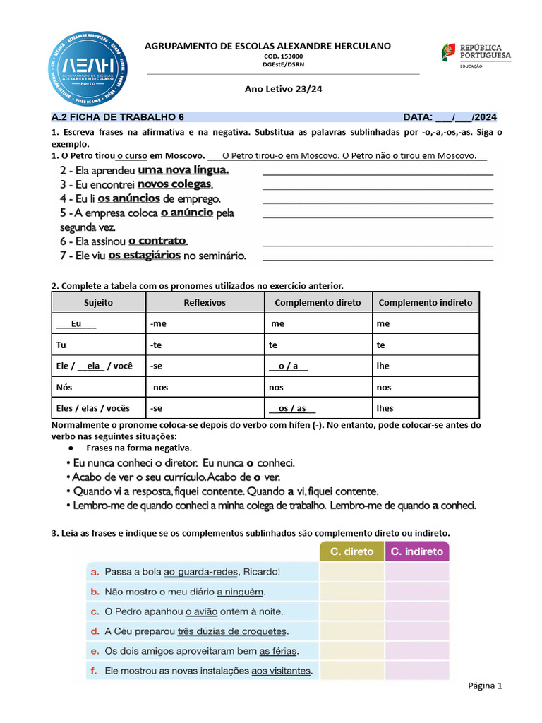 A2 - 6 - Fichas de Pla | PDF | Pronome | Linguística