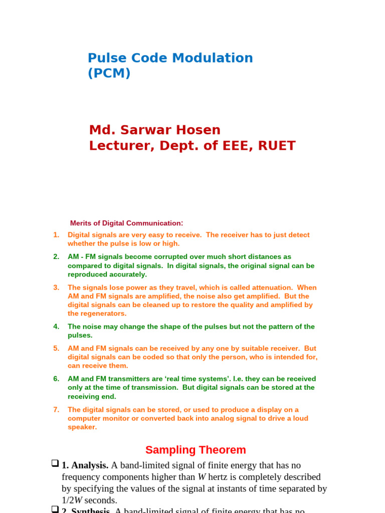 Pulse Code Modulation (PCM) : Md. Sarwar Hosen Lecturer, Dept. of EEE ...