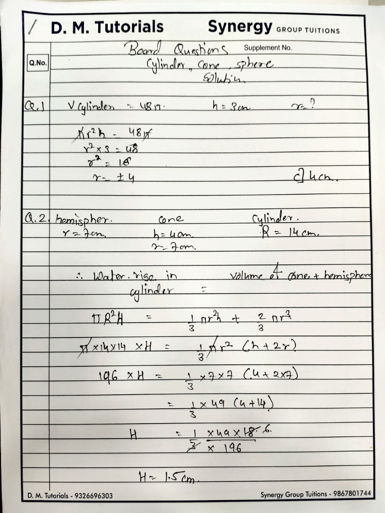 Cylinder, Cone, Sphere Board Questions | PDF