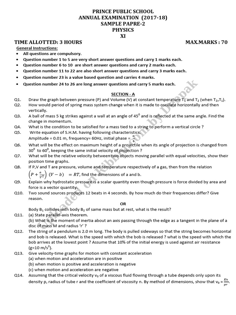 Cbse Sample Papers For Class 11 Physics 2 Annual Exam 1 | PDF ...