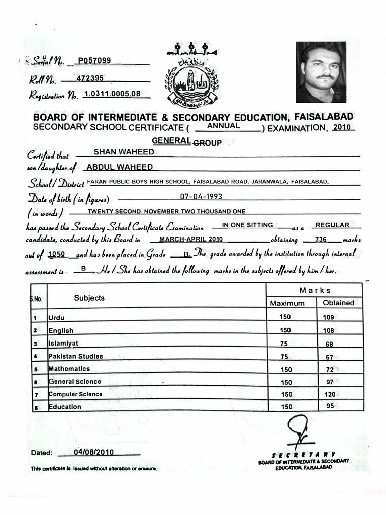 Matric Sanad Certificate 2010 FSD Board | PDF