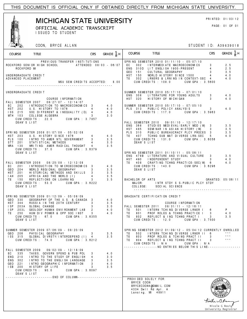 Transcript 2012 PDF Grading (Education) Michigan State University