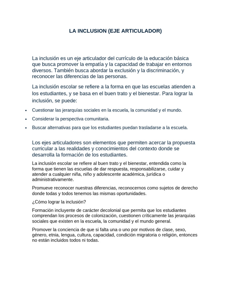 Inclusión Escolar: Eje del Currículo | PDF