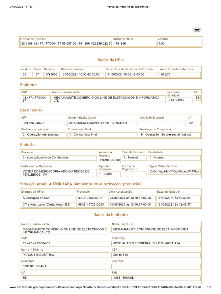 Nota Fiscal Eletrônica: Detalhes da NF-e | PDF | Recibo