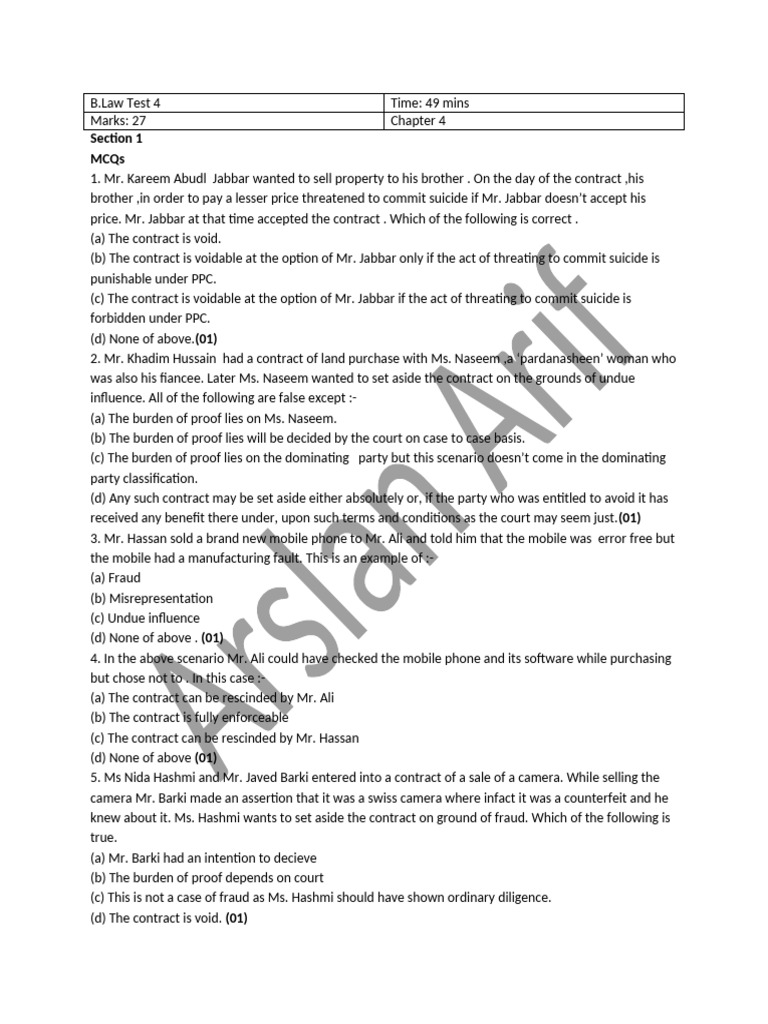 B.Law Test 4: Contract Law MCQs & Analysis | PDF | Restraint Of Trade ...