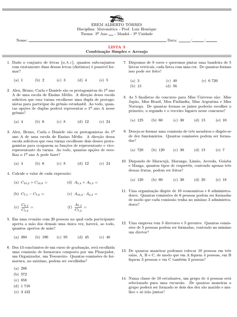 Exercícios de Combinação e Probabilidade | PDF | Probabilidade
