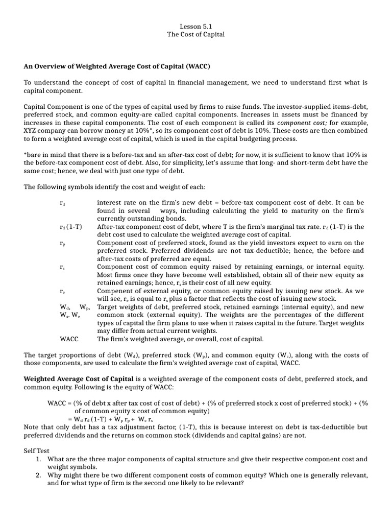 Lesson 5.1 The Cost of Capital 1 | PDF | Cost Of Capital | Discounted ...