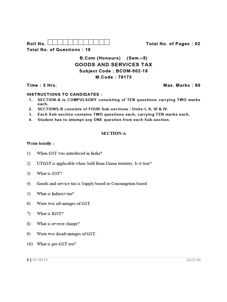 Bcom 5 Sem Hons Goods and Services Tax 78173 Jan 2021 | PDF | Taxes ...