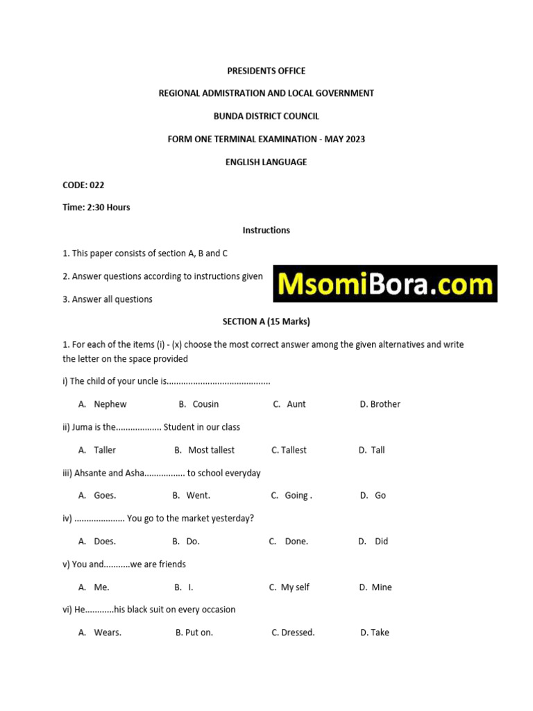 Form One English Exam May 2023 | PDF | Linguistics | Grammar