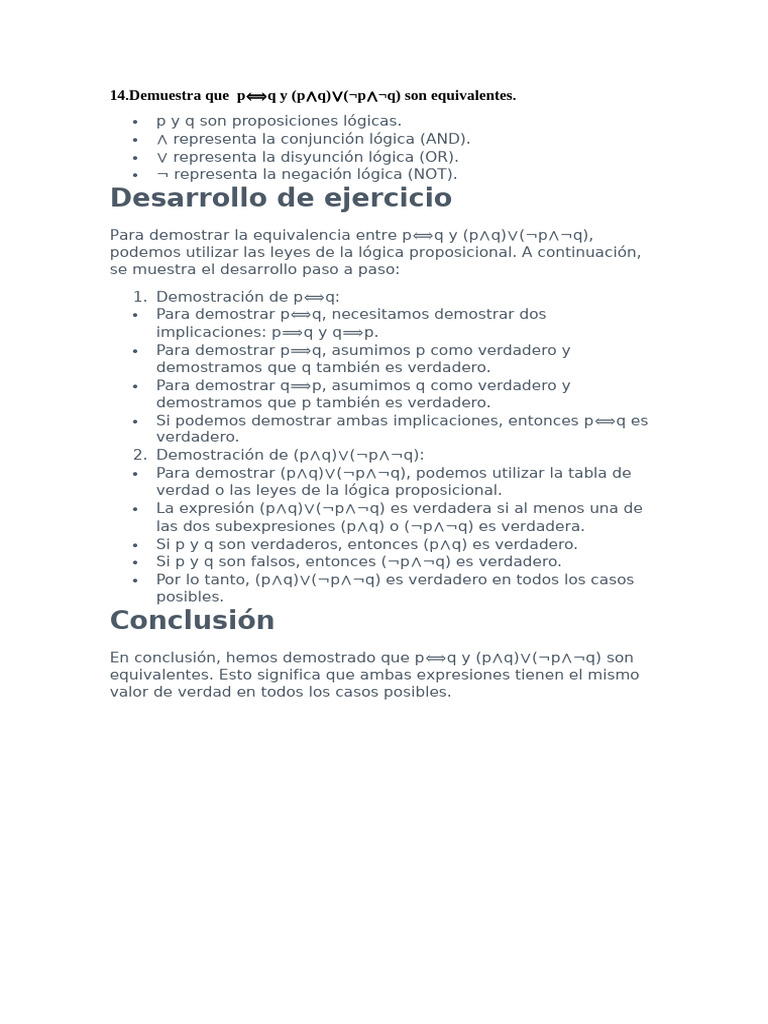 Desarrollo de Ejercicio: 14.demuestra Que P Qy (P Q) ( P Q) Son ...