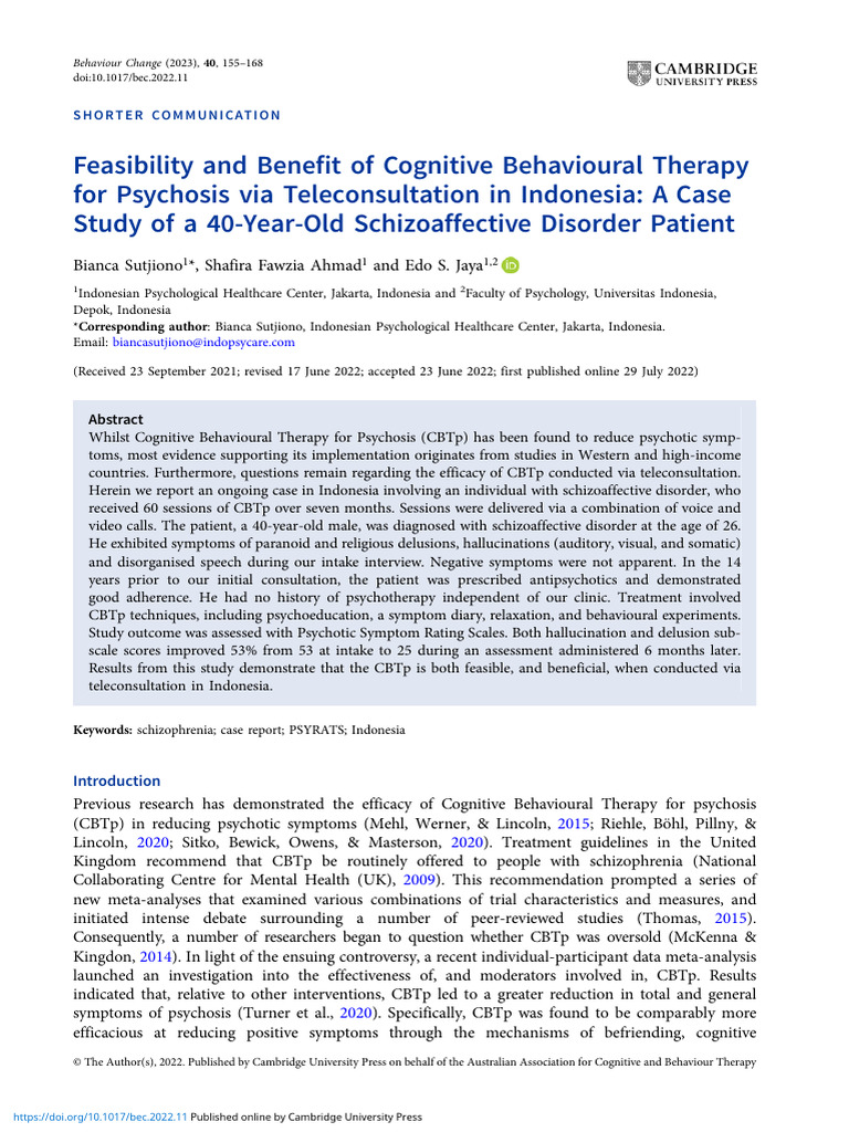 Feasibility and Benefit of Cognitive Behavioural Therapy For Psychosis ...