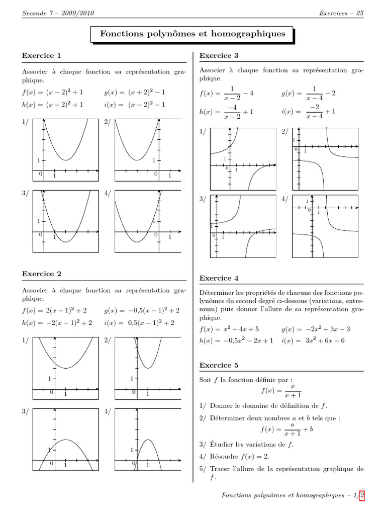 Exercices sur fonctions polynômes et graphiques | PDF | Mathématiques ...