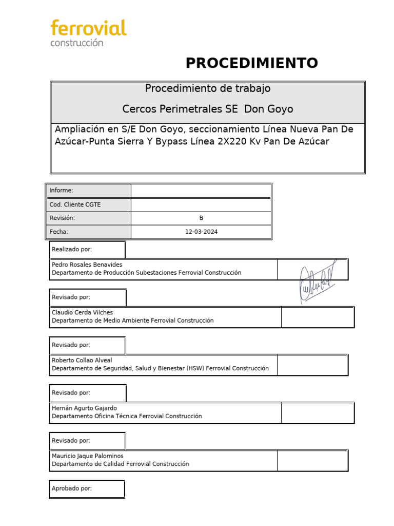 Procedimiento Cierre Perimetral Faena | PDF | Ingenieria Eléctrica ...