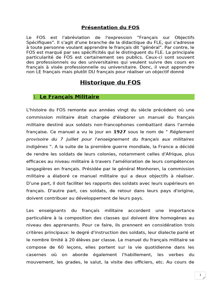 Histoire et spécificités du FOS | PDF | Apprentissage | France