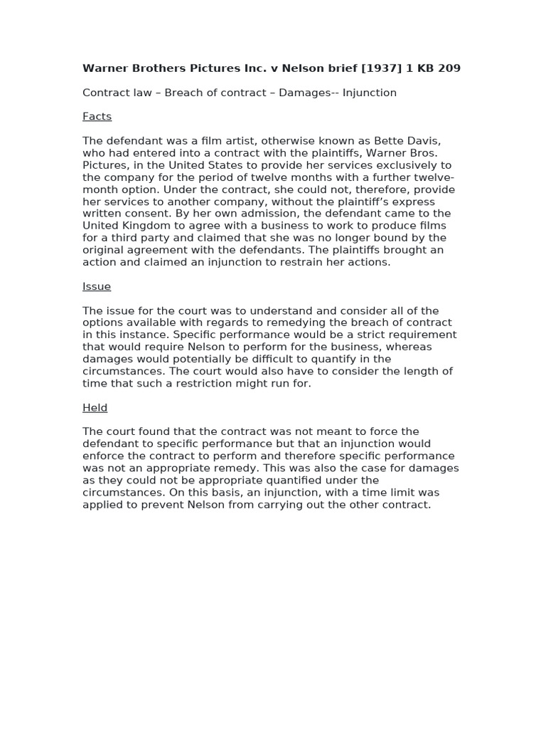 Warner Bros v Nelson Case Summary | PDF