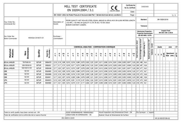 Mill Test Certificate EN 10204:2004 / 3.1: Certificate No: No Du ...