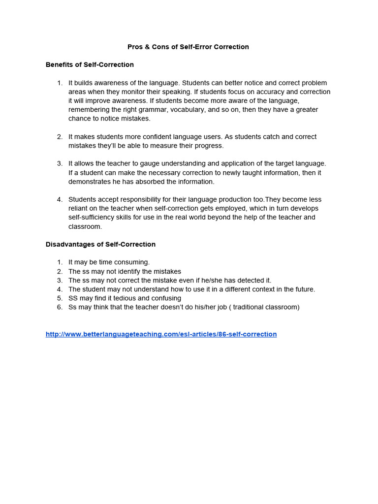 Self-Correction in Language Learning: Pros & Cons | PDF