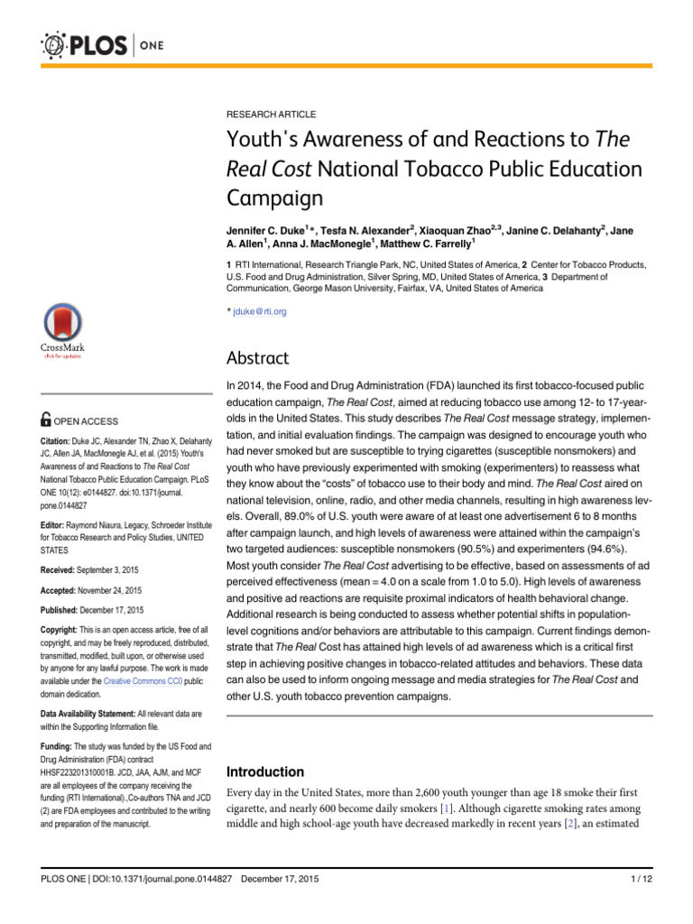 Youth's Awareness of and Reactions To The Real Cost National Tobacco ...