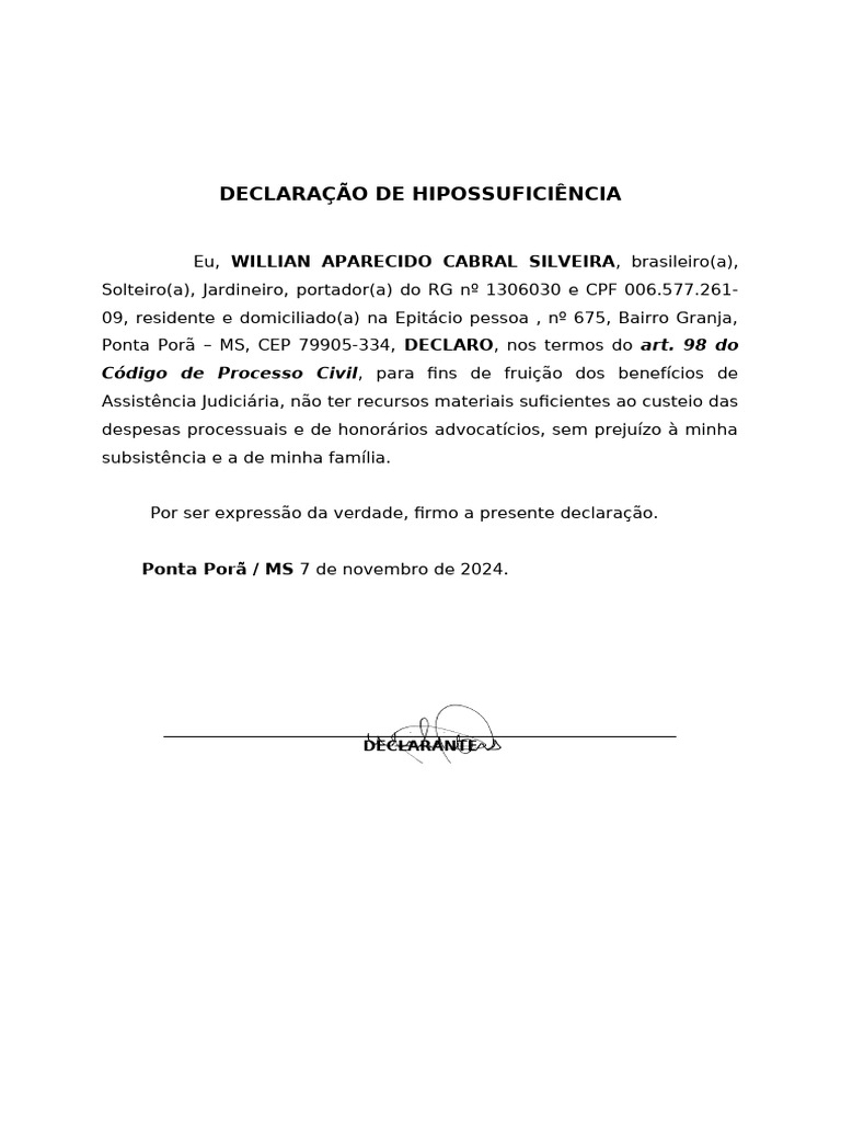 Declaração de Hipossuficiência Legal | PDF